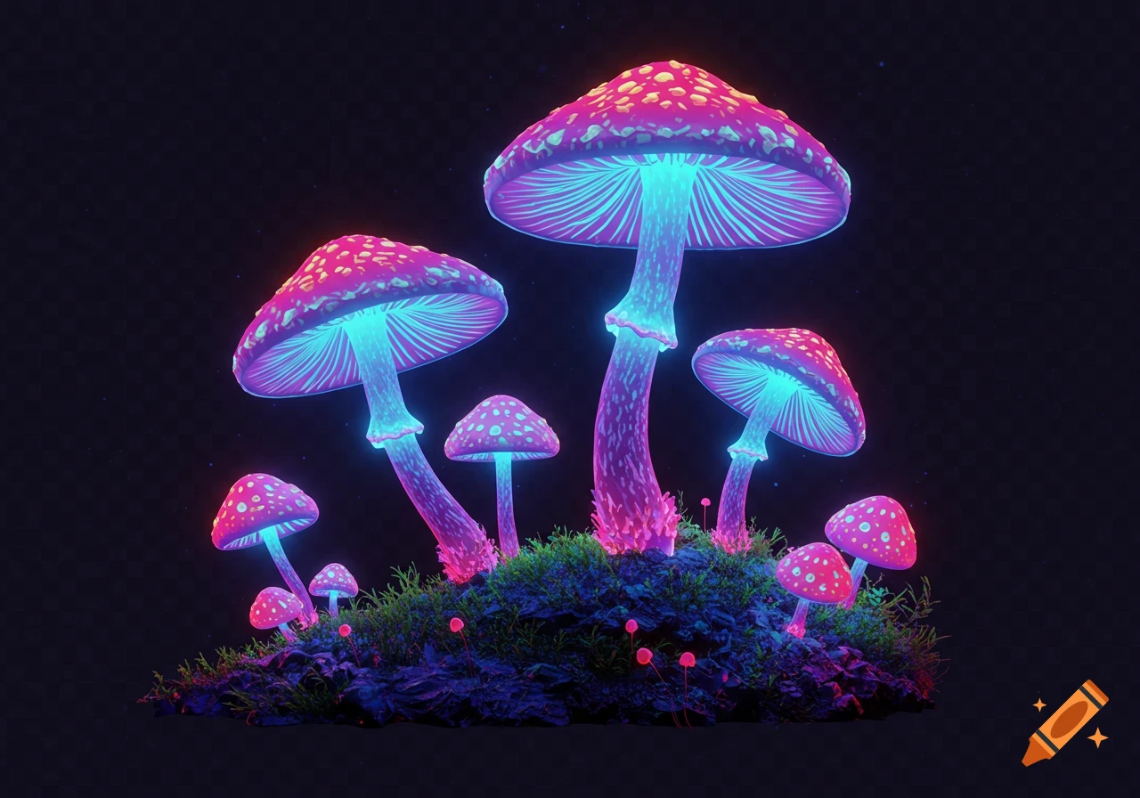 Bioluminescent mushrooms glowing in vibrant pink and blue hues on a dark, mossy terrain.