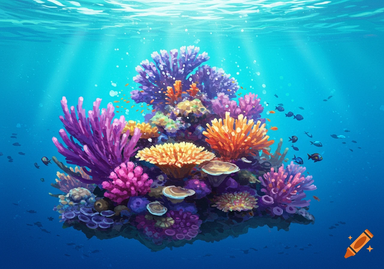 A vibrant, colorful coral reef teeming with various corals and small fish under sunlit blue water, in an illustrative style.