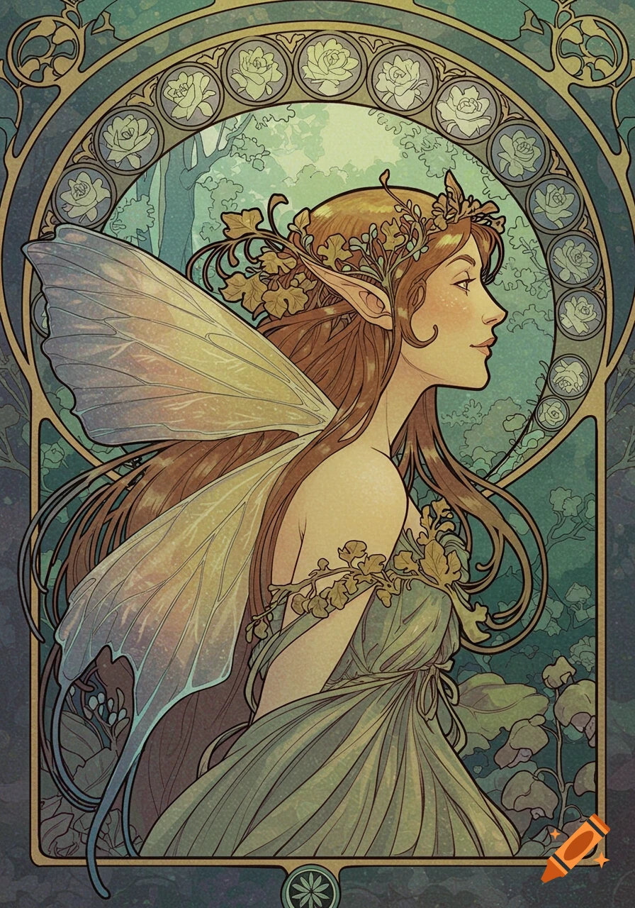 An art nouveau illustration of a brown-haired fairy with large wings and a leafy crown, depicted in profile within a decorative frame and woodland background.