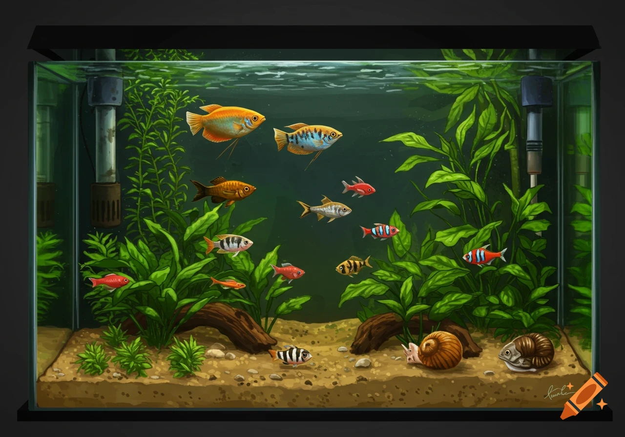 Vibrant illustration of a fish tank with colorful fish, lush green plants, driftwood, and snails on a sandy substrate.