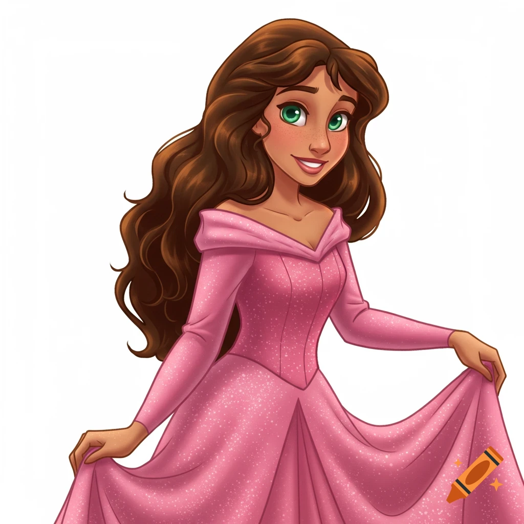 A Disney-style animated princess with long wavy brown hair, emerald eyes,  and olive skin, wearing a sparkling pink dress on a white background. on  Craiyon
