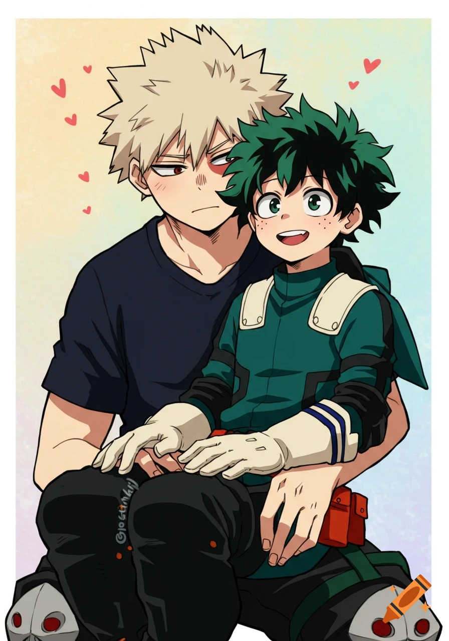 An anime drawing of Katsuki Bakugo holding Izuku Midoriya on his lap, with red hearts floating around them.