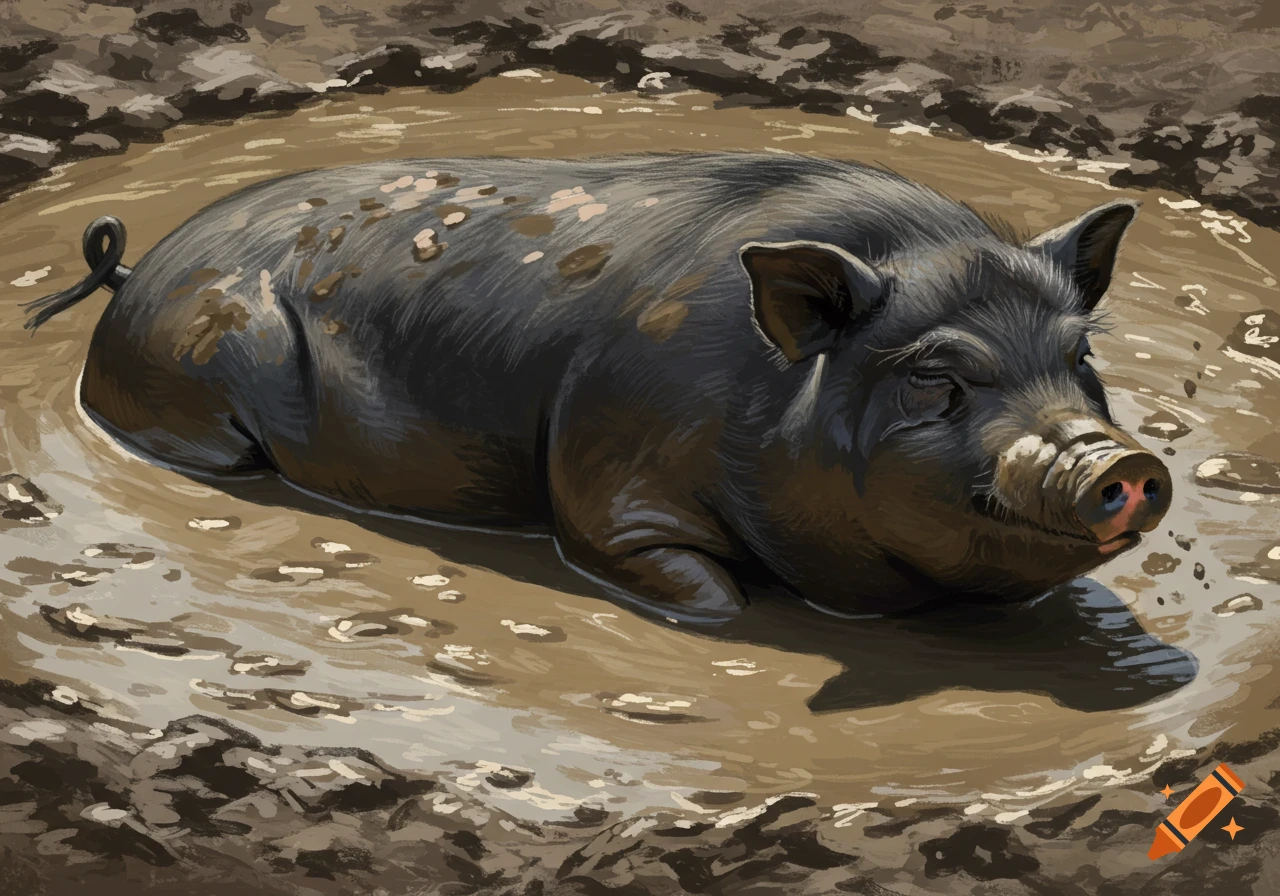 A black potbelly pig lies in a muddy puddle, rendered in a painted style.