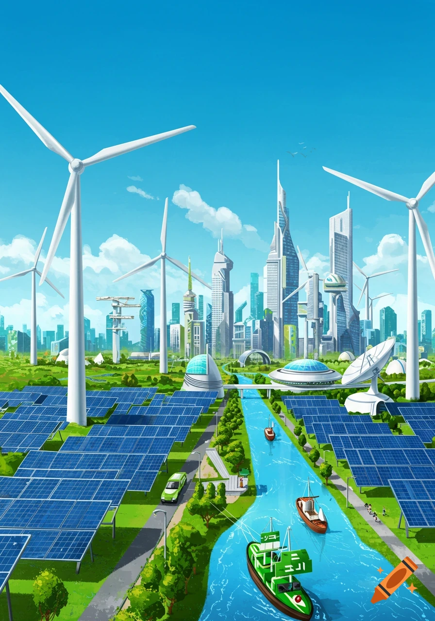 A vibrant illustration of a futuristic city with wind turbines, solar panels, and a river flowing through green landscapes.