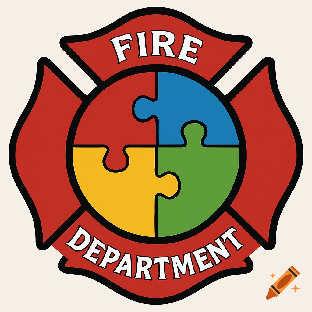Red Maltese cross logo with the words 'FIRE' and 'DEPARTMENT' and colorful puzzle pieces in the center.
