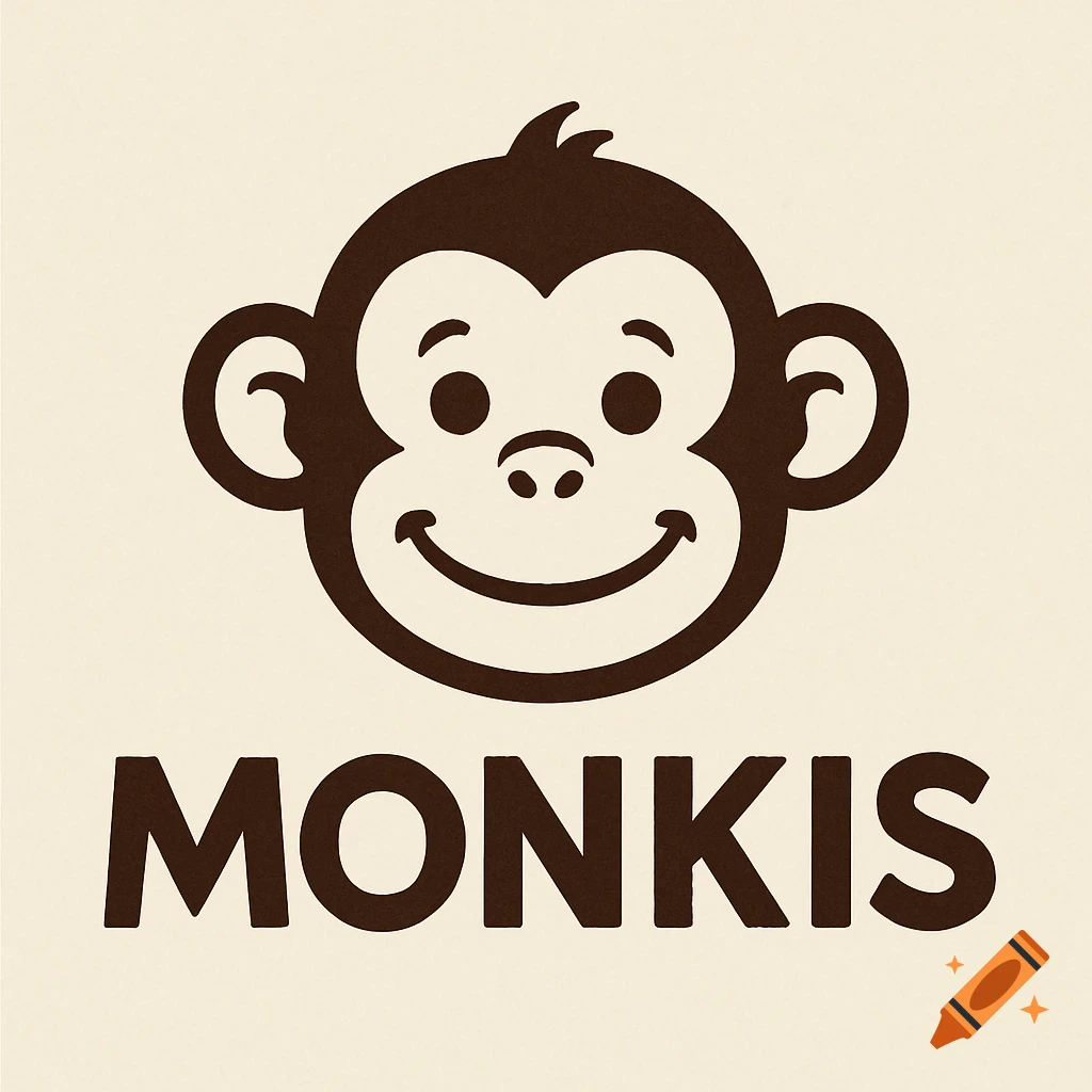 A simple, dark brown cartoon monkey head logo with the word 'MONKIS' below it on a cream background.
