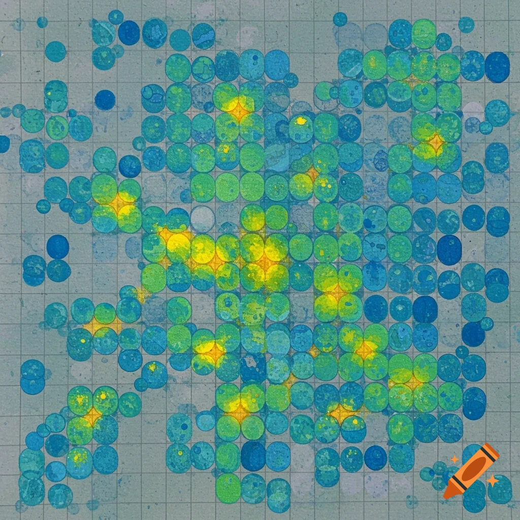 An abstract grid with many circular cells in shades of blue, green, and yellow, resembling a heatmap or cellular automaton.