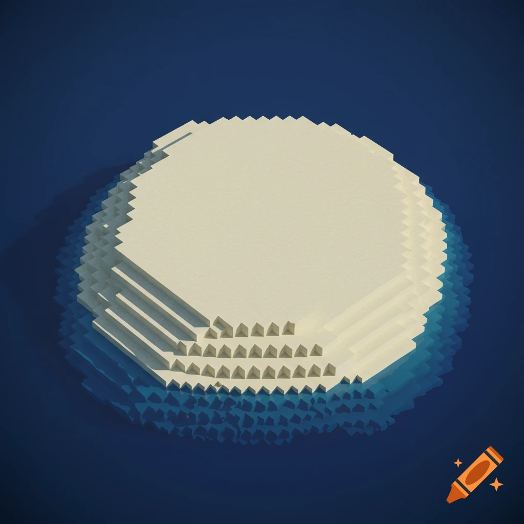 Top-down view of a pixelated Minecraft-style sand island in blue water.