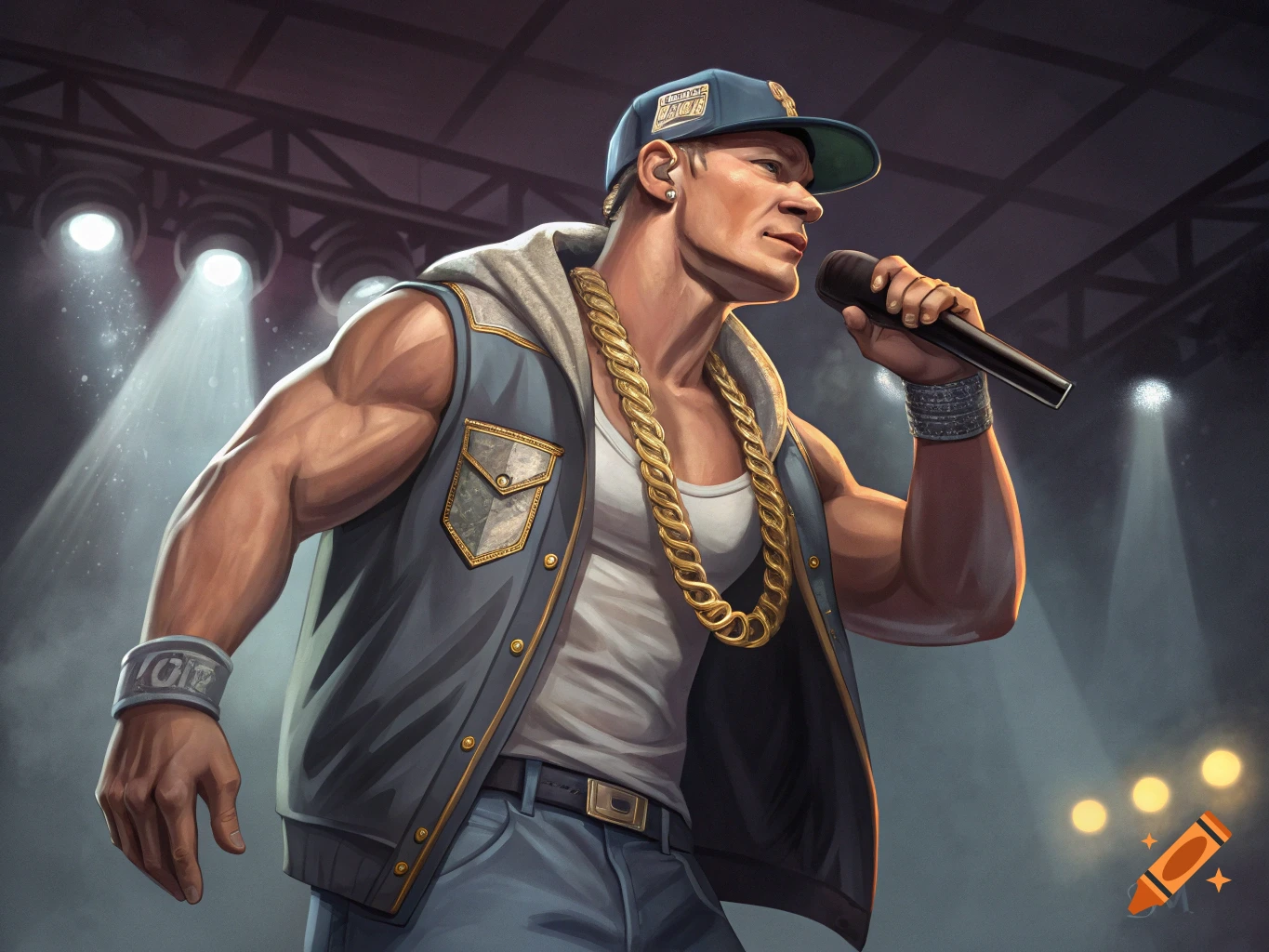 Illustration of John Cena as a rapper in a sleeveless jacket and gold chain, holding a microphone on stage.