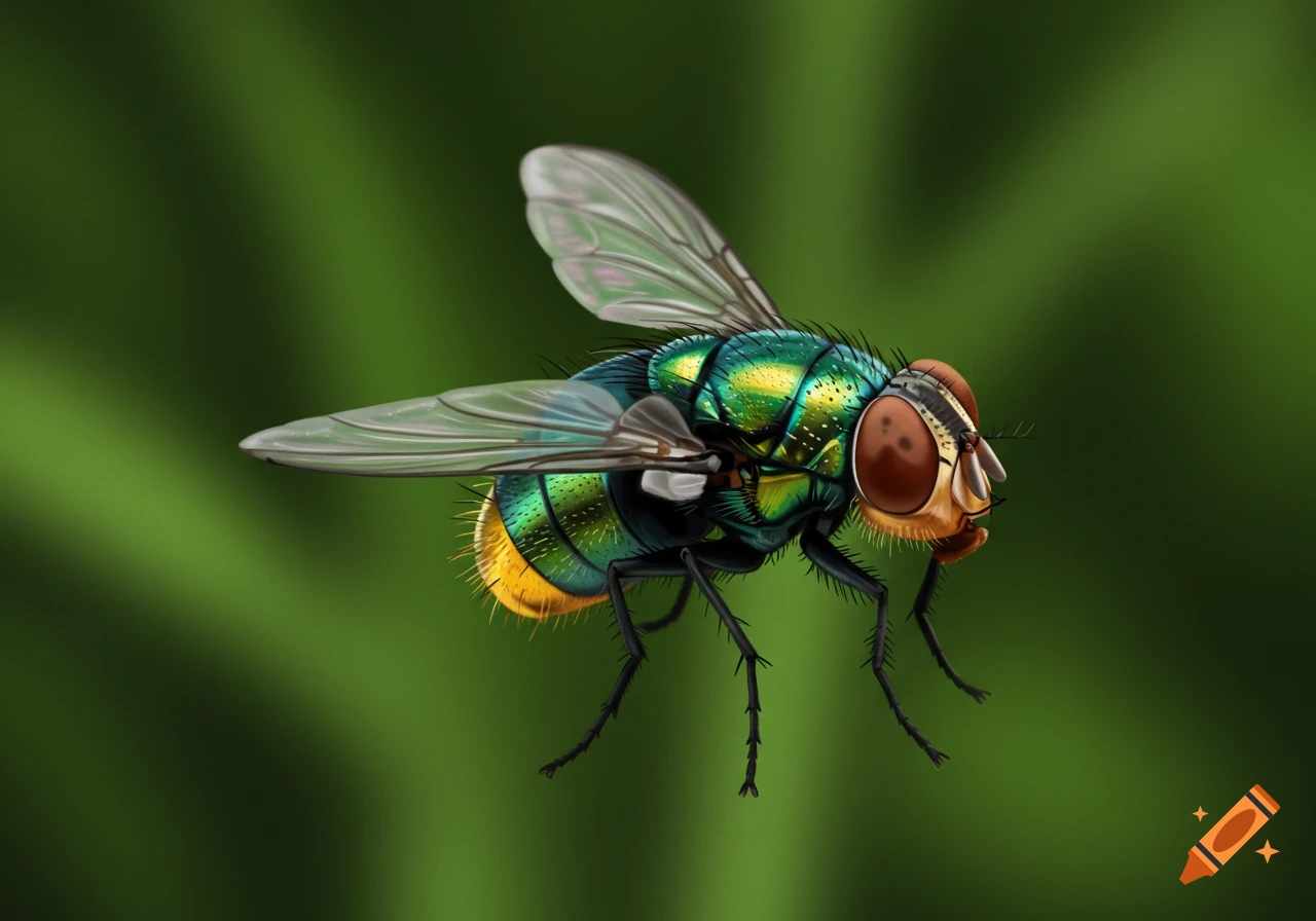 A close-up, detailed image of a green metallic fly with a golden abdomen against a blurred green background.