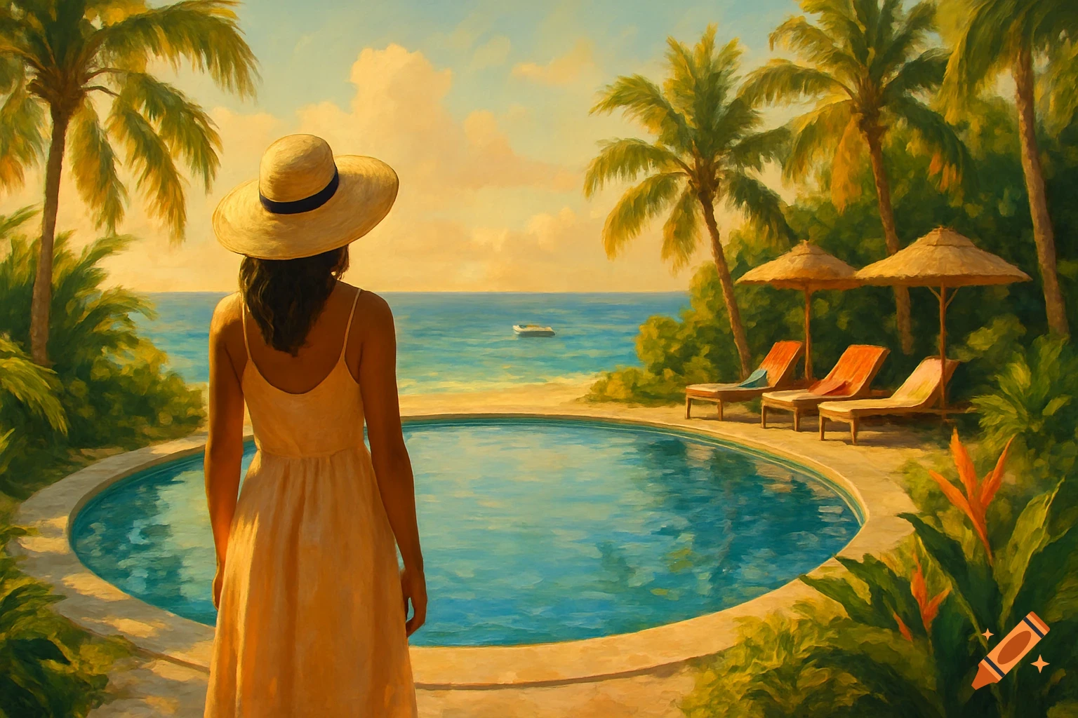 A woman in a sunhat and sundress views a tropical ocean from an oval pool, surrounded by palm trees and lounges, in a painting style.