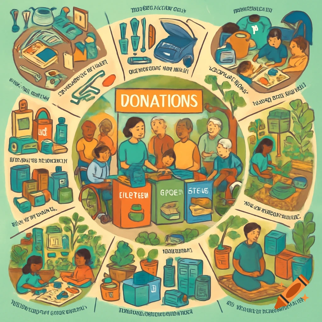 A colorful illustration depicting a central group of people around donation bins labeled "DONATIONS", surrounded by circular vignettes of various charitable activities and items like gardening, recycling, and mental health tools.