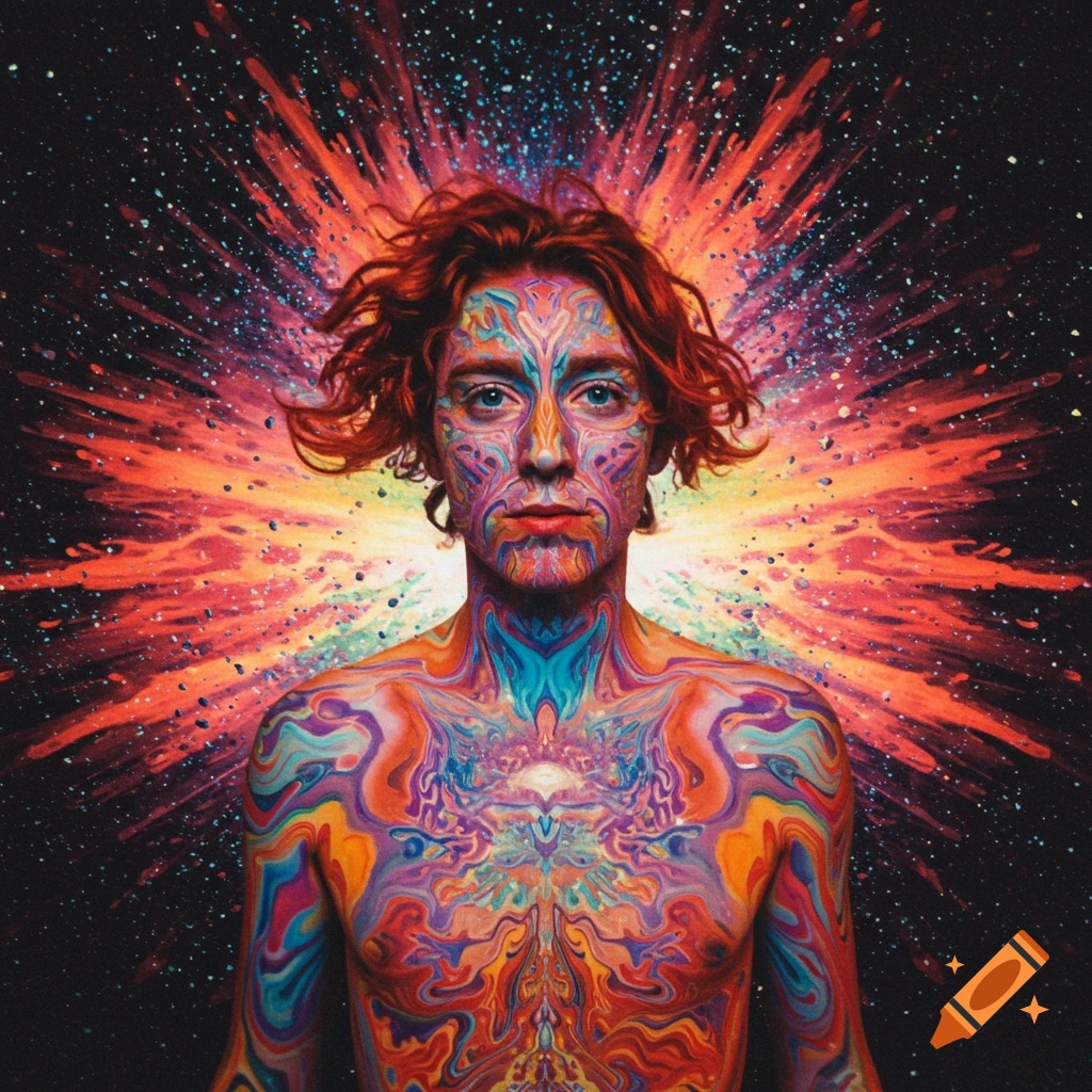 A person covered in vibrant, intricate psychedelic patterns, with an explosion of colorful light behind them against a starry background.