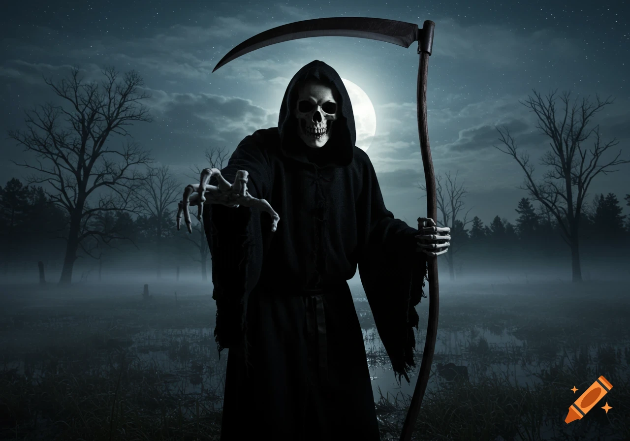 Grim Reaper reaching out with a skeletal hand, holding a scythe, in a foggy swamp under a full moon.