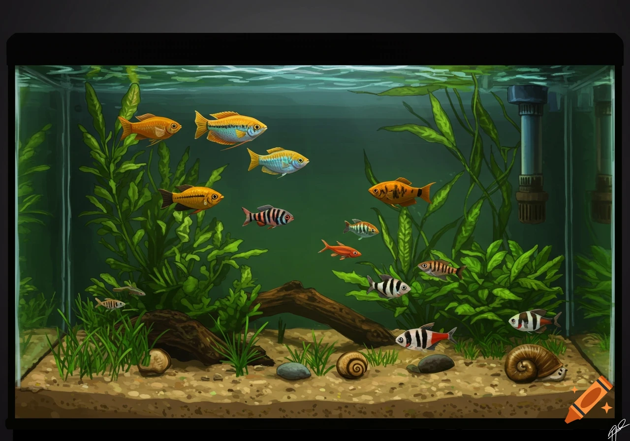 A colorful illustration of a thriving freshwater fish tank with various fish, green plants, snails, and rocks.