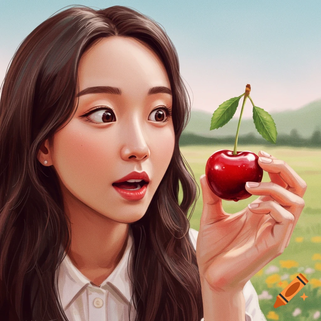 Digital art of a woman with long dark hair, looking surprised at a red cherry she holds in her hand, set in a sunny field.
