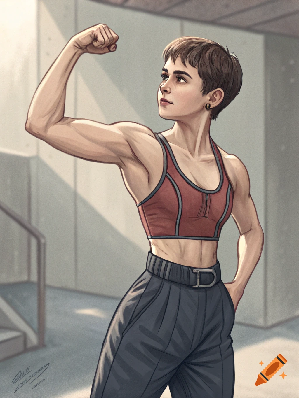 An illustration of a muscular woman with short brown hair, wearing a red sports bra, flexing her bicep.