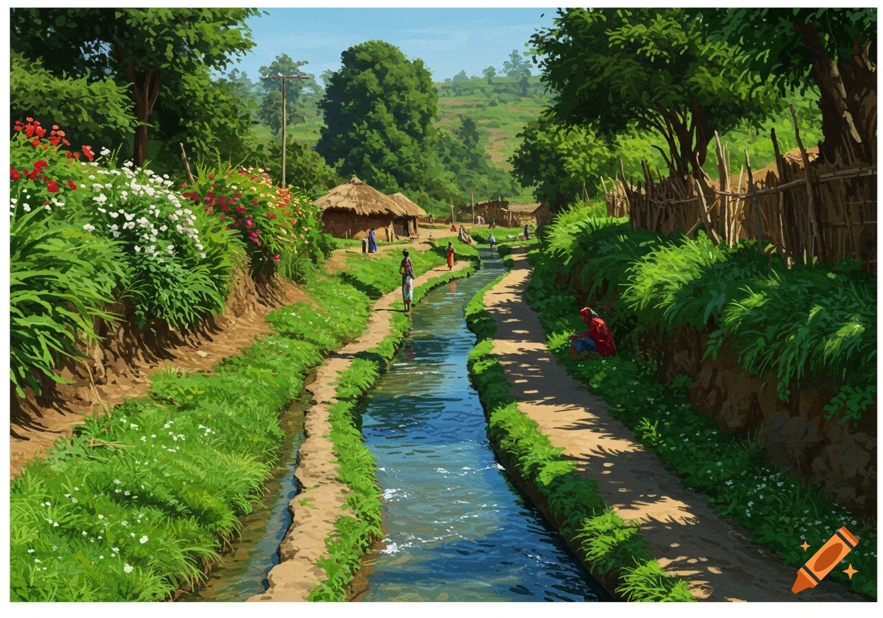 A vibrant, painterly scene of a rural village with a stream, dirt paths, lush greenery, and distant huts.
