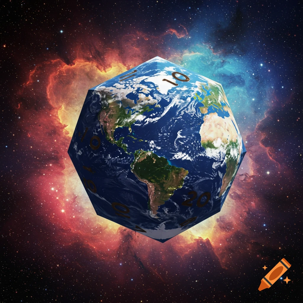 A 20-sided dice resembling planet Earth floats in a colorful cosmic nebula.