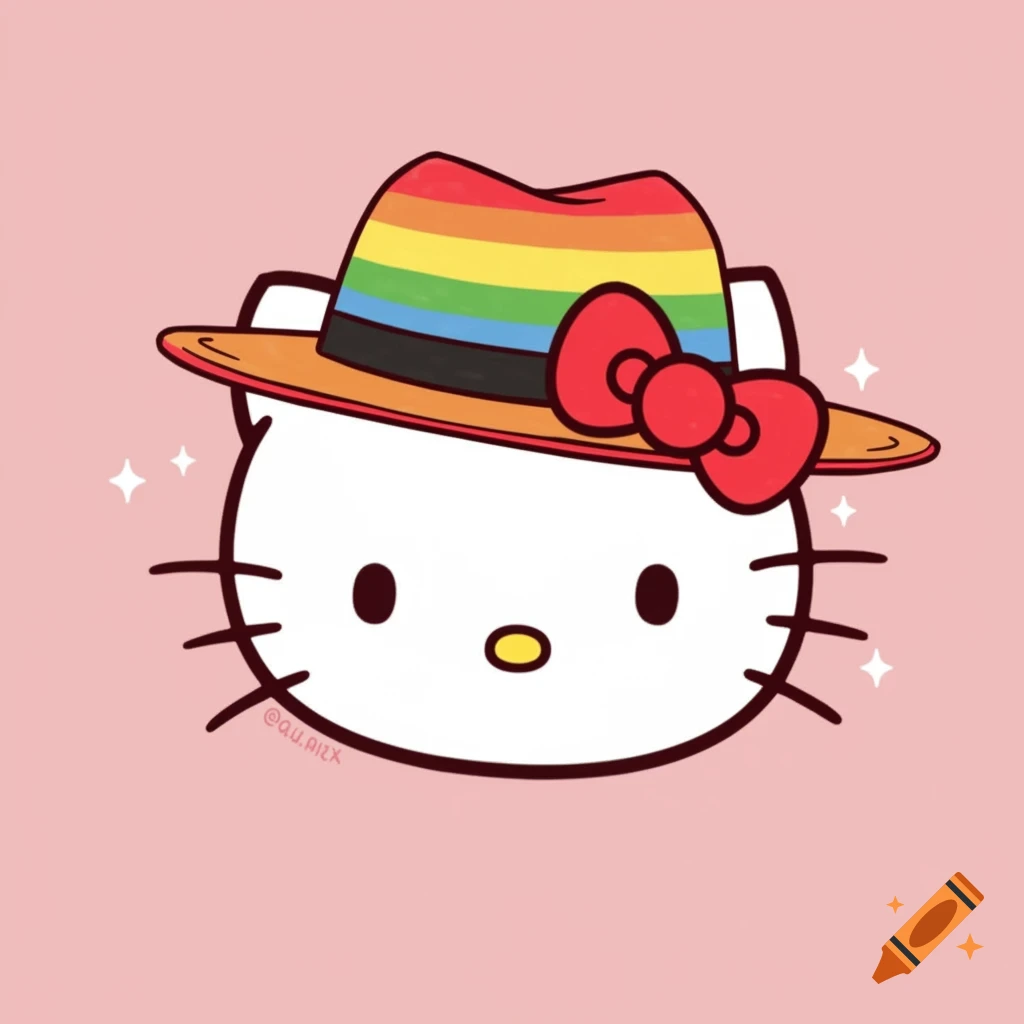Close-up of Hello Kitty's head, wearing a rainbow-striped fedora hat with a red bow, on a soft pink background with small white sparkle accents.