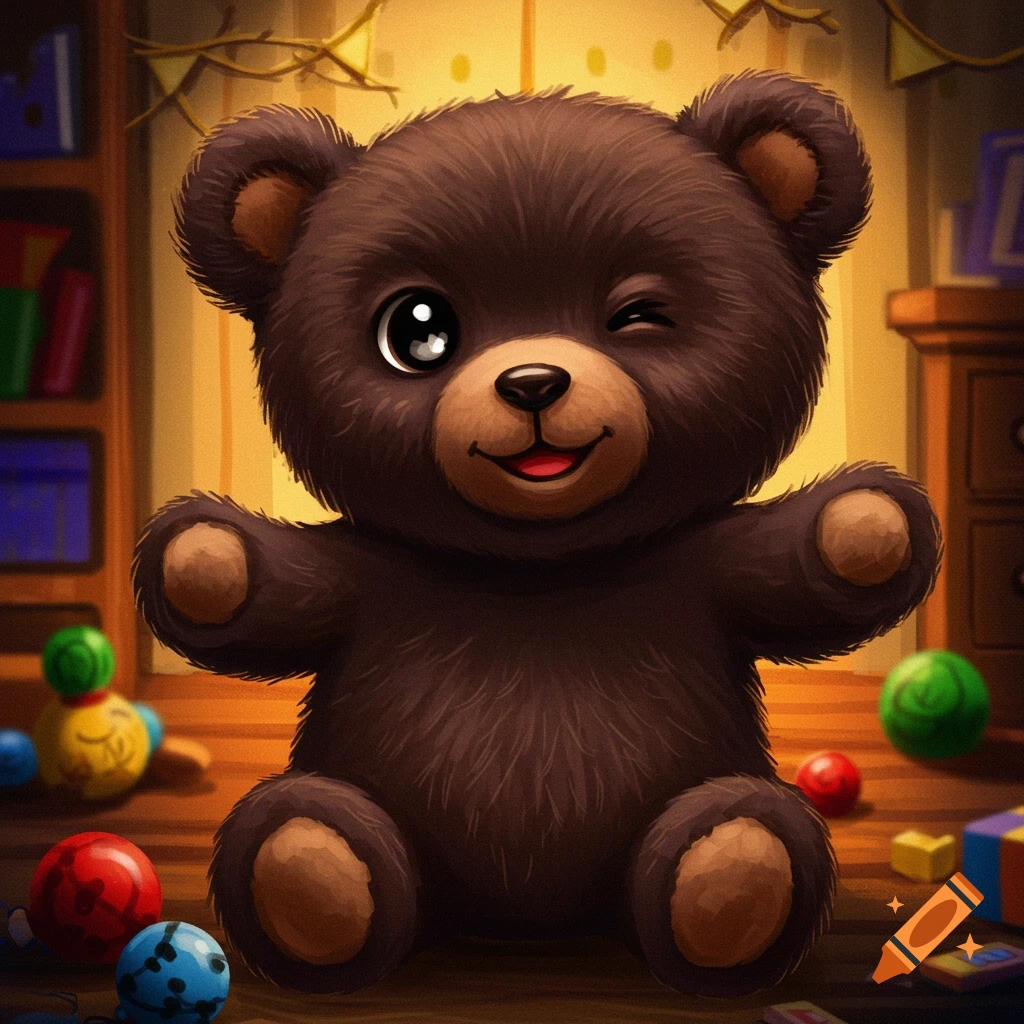 A happy, cute, dark brown teddy bear winking, sitting on a wooden floor in a colorful playroom with other toys and a bookshelf in the background.