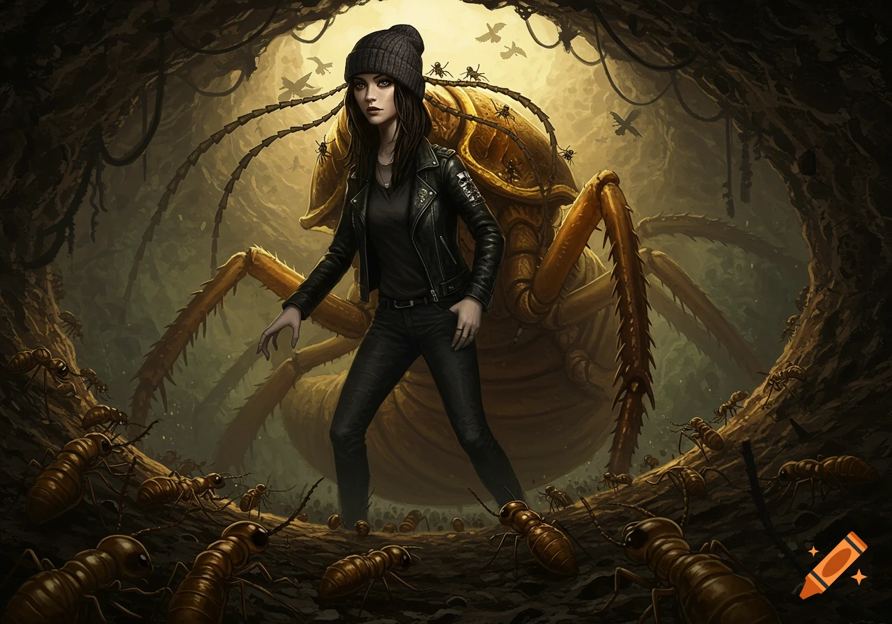 A woman in a beanie and leather jacket stands in a dark cave surrounded by giant ants, with a massive termite queen behind her.