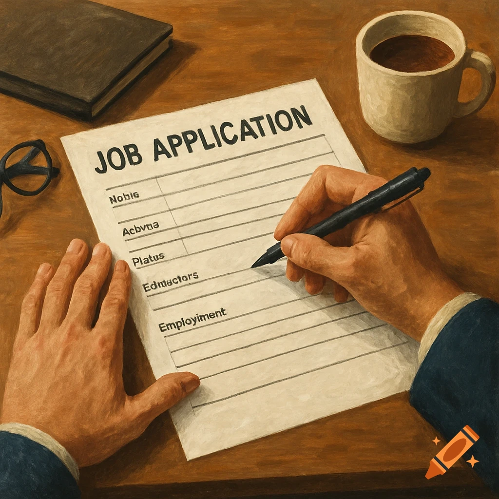 An overhead view of hands filling out a job application form on a wooden desk with a pen, coffee mug, glasses, and a book.