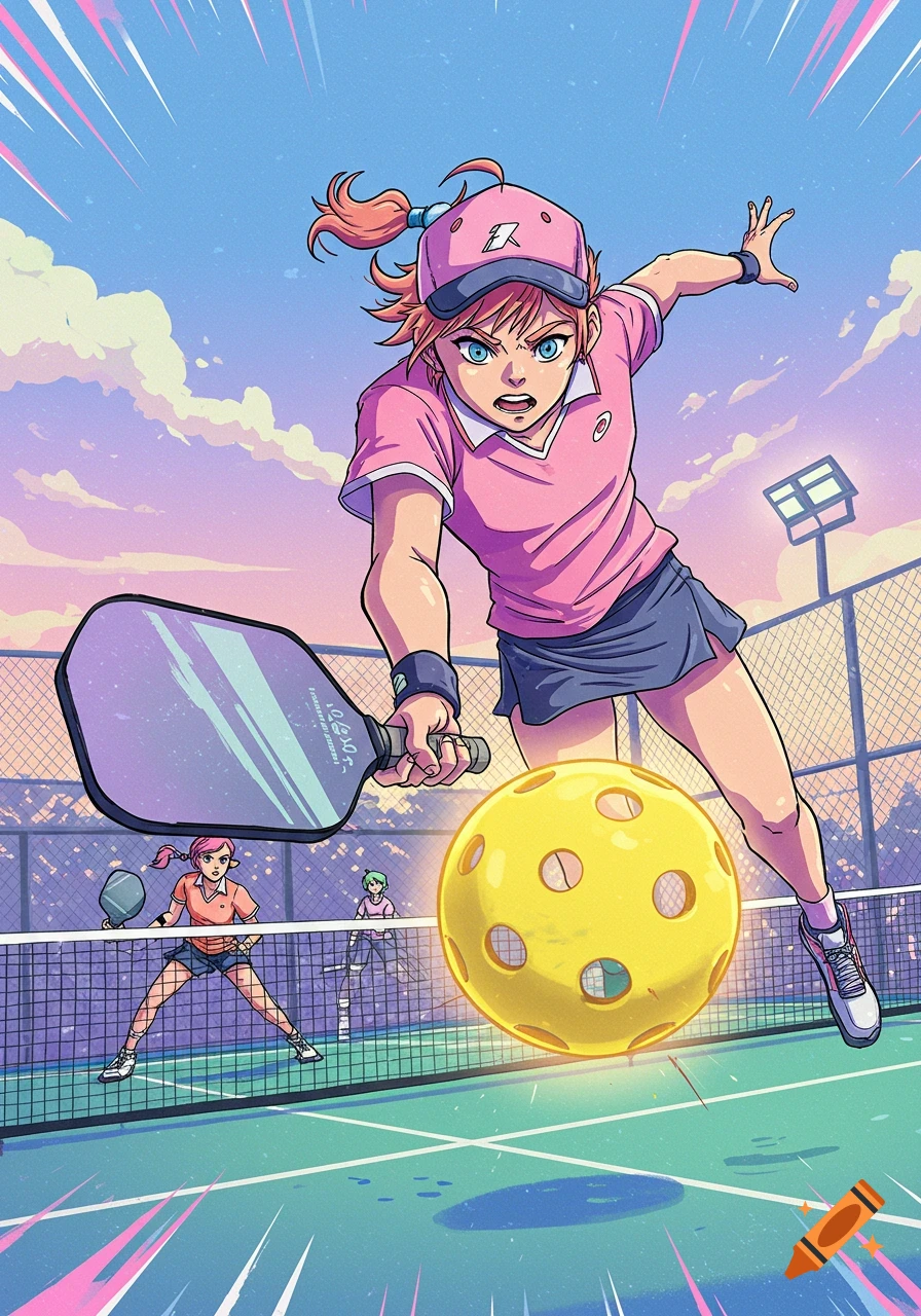 Anime girl in pink shirt and blue skirt playing pickleball, striking a yellow ball with a paddle on a bright court.