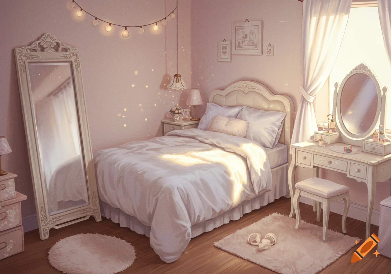 A cozy pink bedroom with white bedding, a full-length mirror, and a dressing table, illuminated by string lights. Illustrated style.