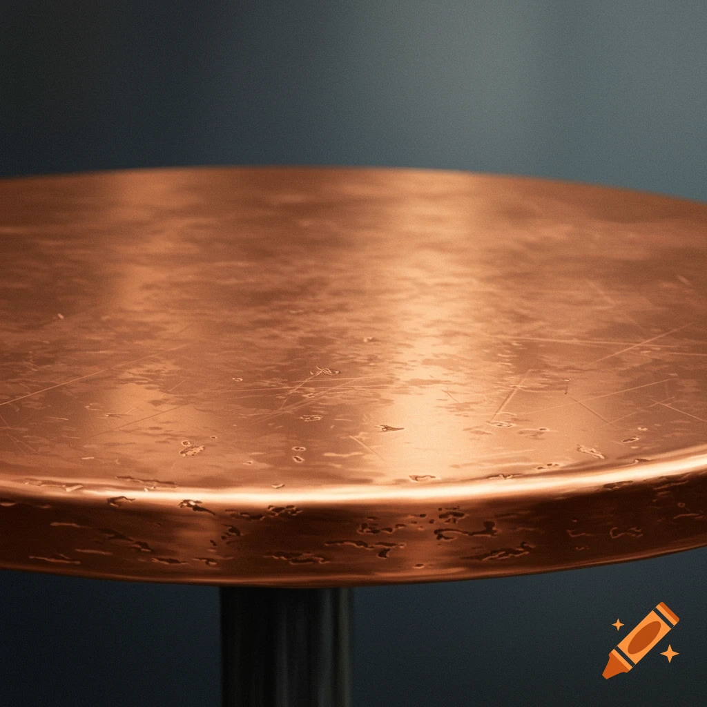 A close-up, high-angle shot of a textured copper table surface against a dark background.
