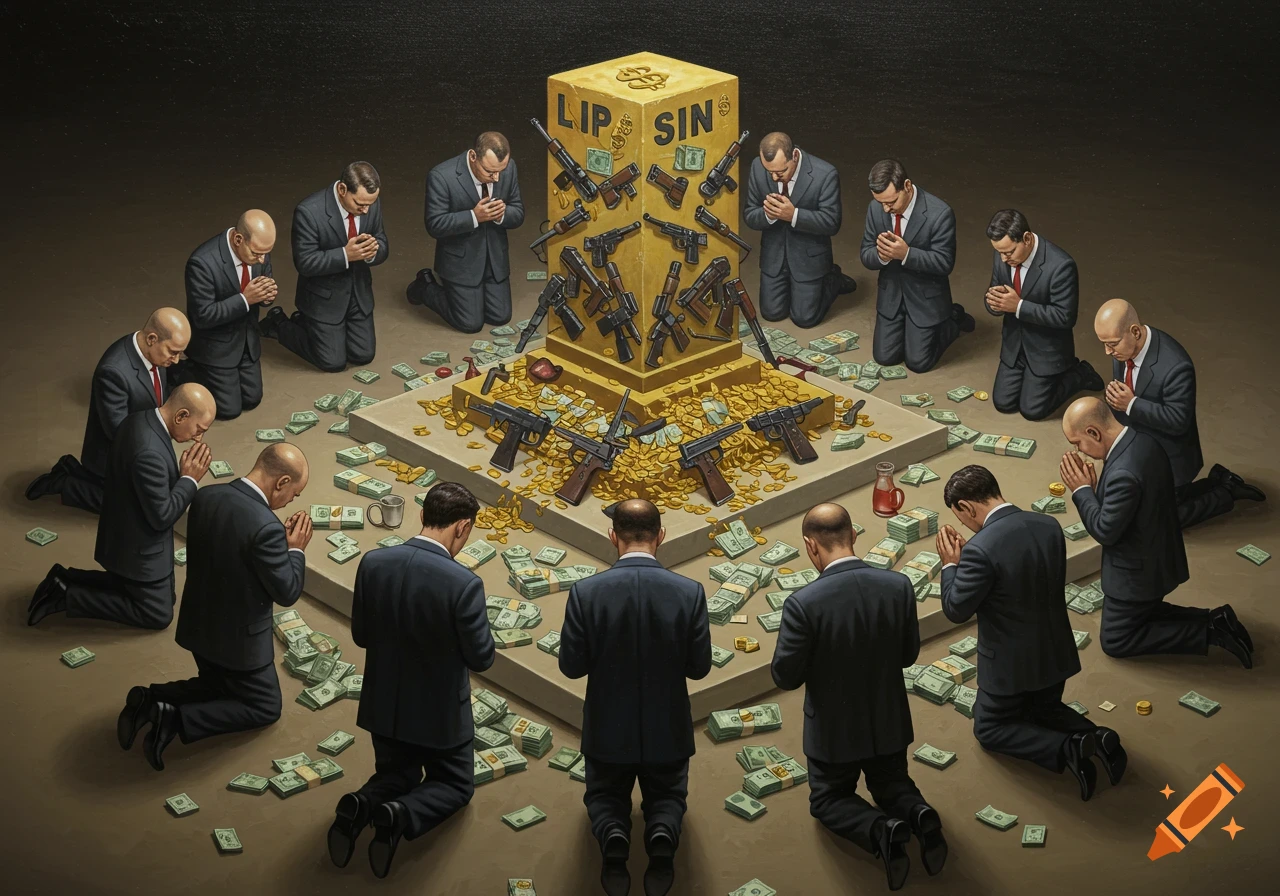 A painting of twelve men in suits kneeling and worshipping a golden pedestal covered with guns, money, and gold, with 'LIP SIN' written on it.
