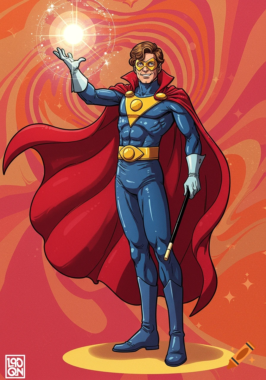 A retro 1970s superhero magician in a blue suit and red cape holds a glowing orb and a wand against a swirling orange background.