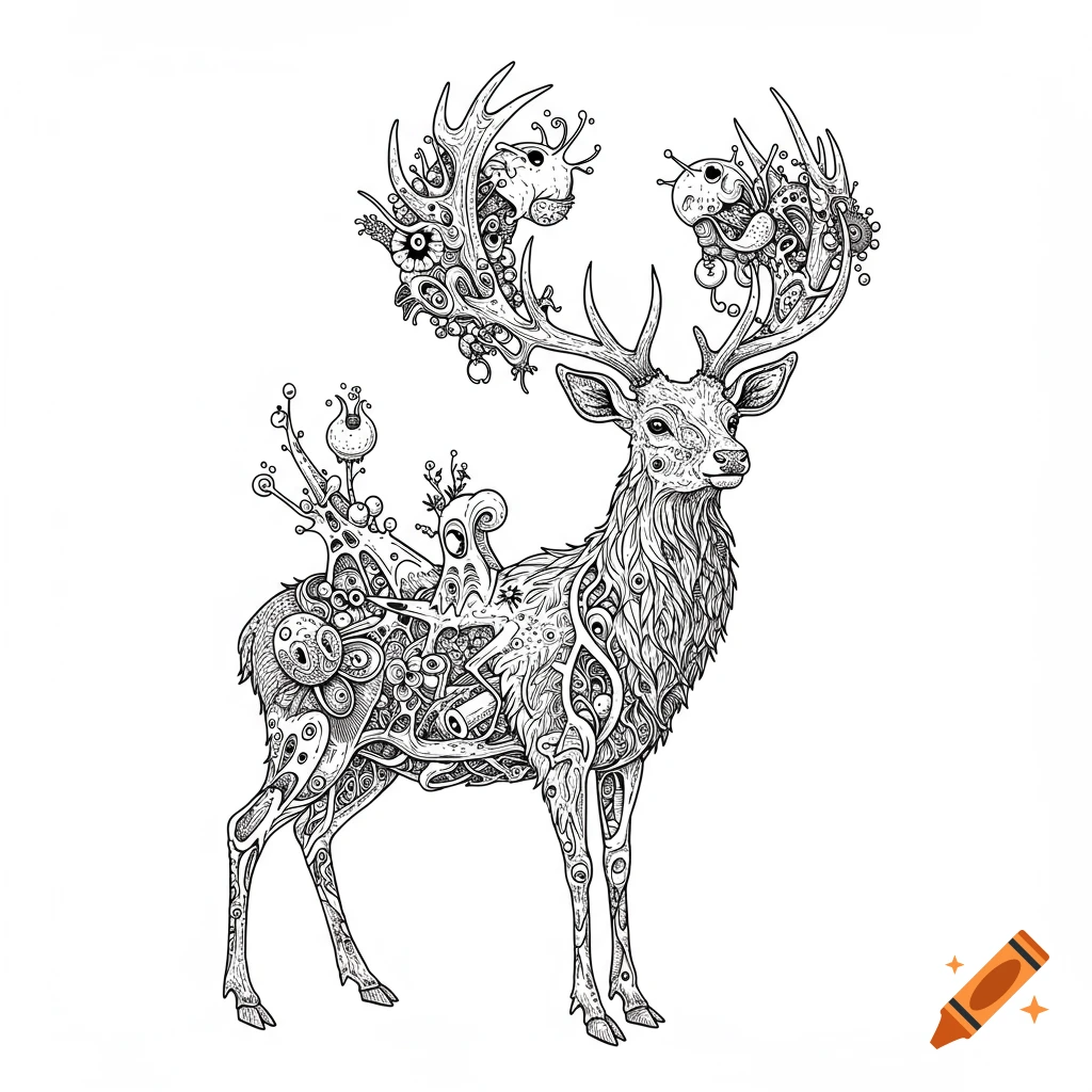 Intricate black and white line drawing of a deer with surreal, organic patterns on its body and antlers, in the style of Hieronymus Bosch.