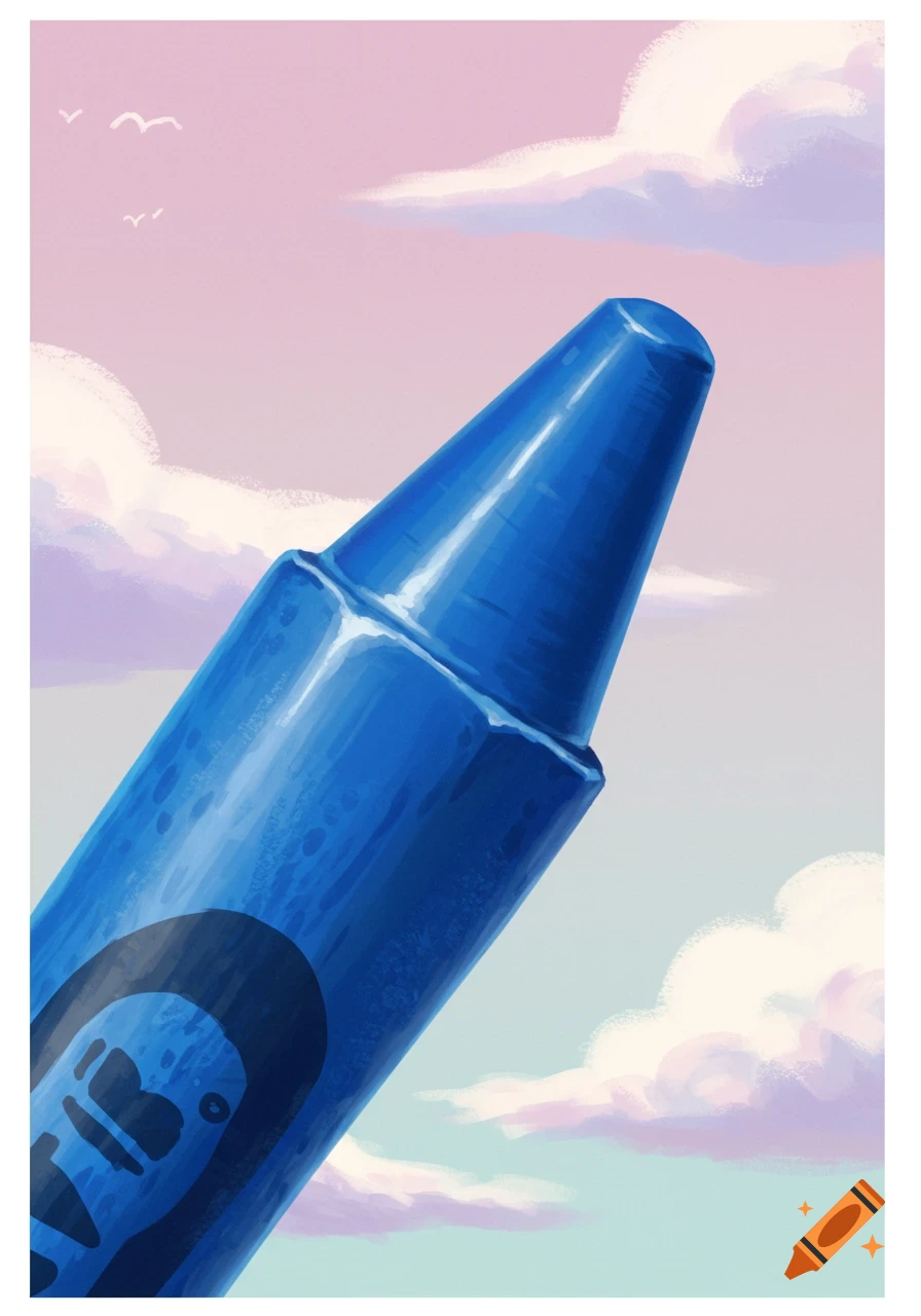 A large blue crayon seen from a low angle against a pastel sky with clouds and small birds.