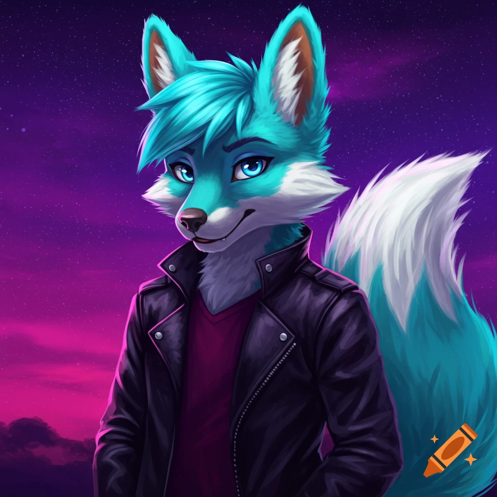 A blue and white furry fox in a black leather jacket, with a purple starry sky background. Digital art style.