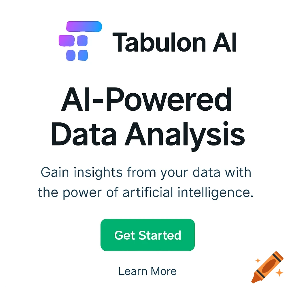 Tabulon AI homepage design with gradient logo, 'AI-Powered Data Analysis' text, and green 'Get Started' button.