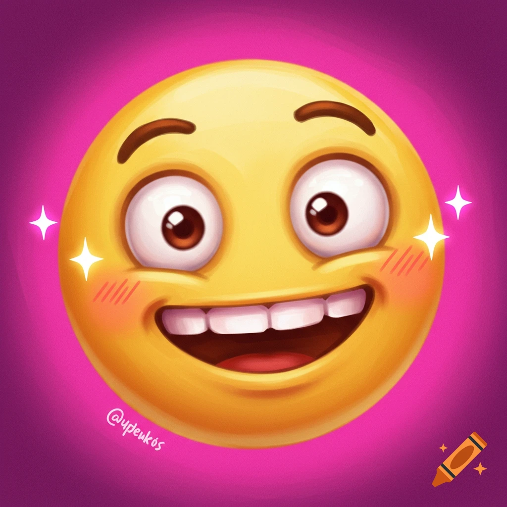 A yellow emoji with wide, happy eyes, blushing cheeks, a big smile, and white sparkles around it on a pink background.