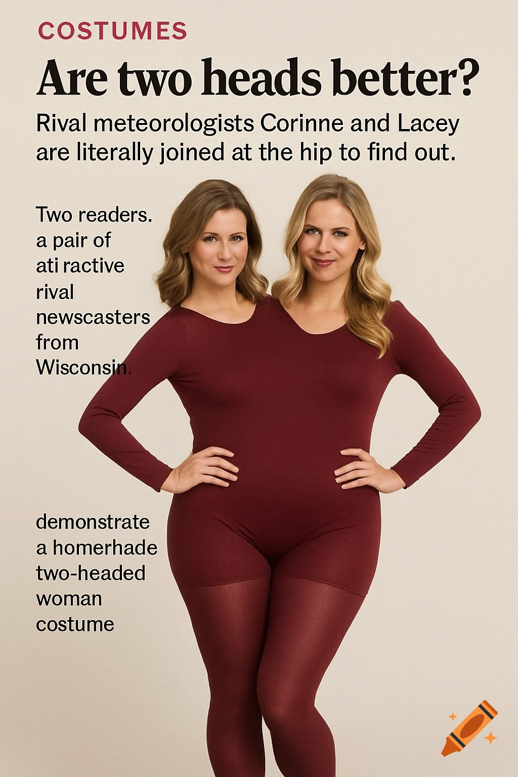 Two women in a red leotard and tights, posing as a two-headed woman costume in a magazine article.