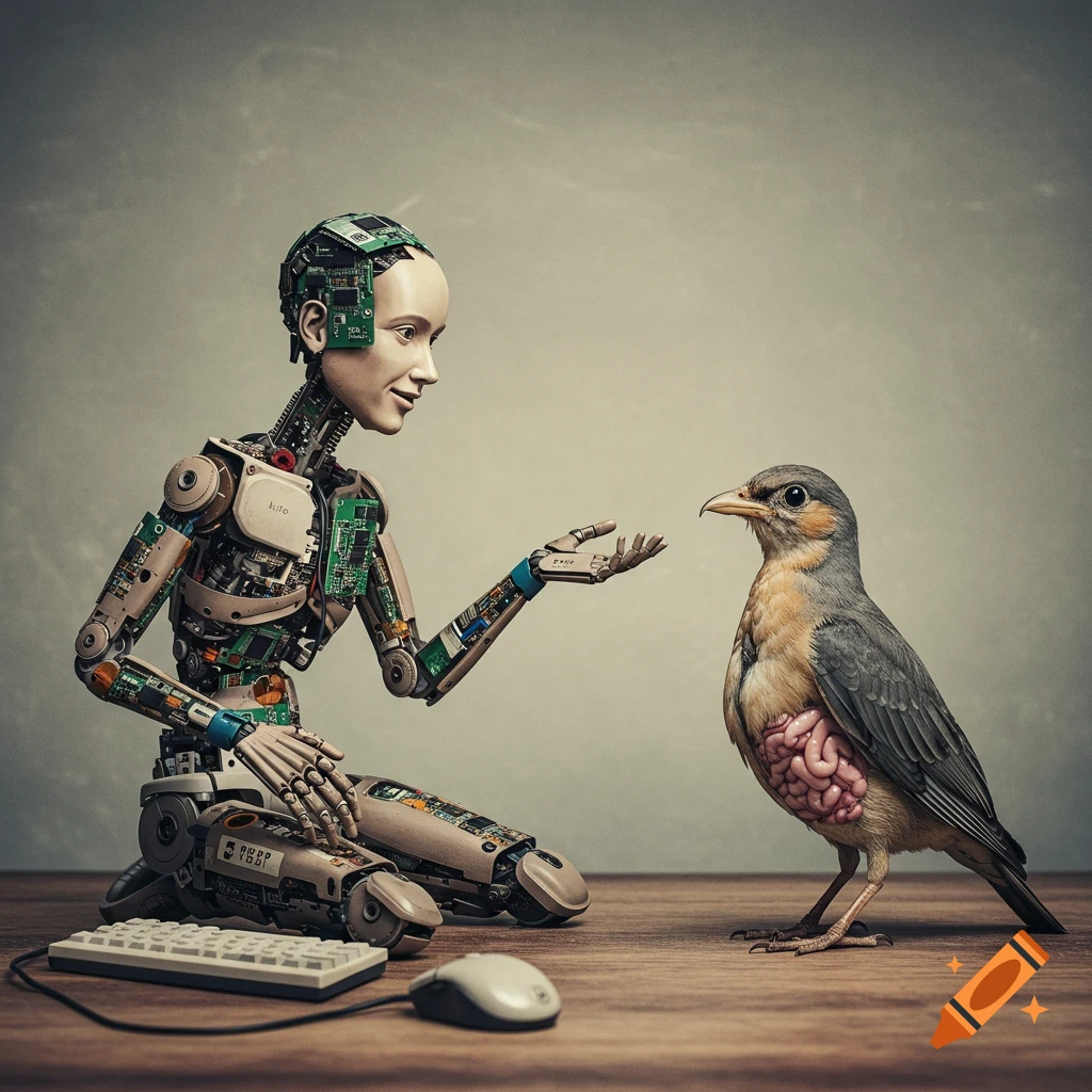 A photorealistic image of a human-like robot made of electronics, kneeling and extending a hand towards a bird with exposed internal organs, both on a wooden surface.