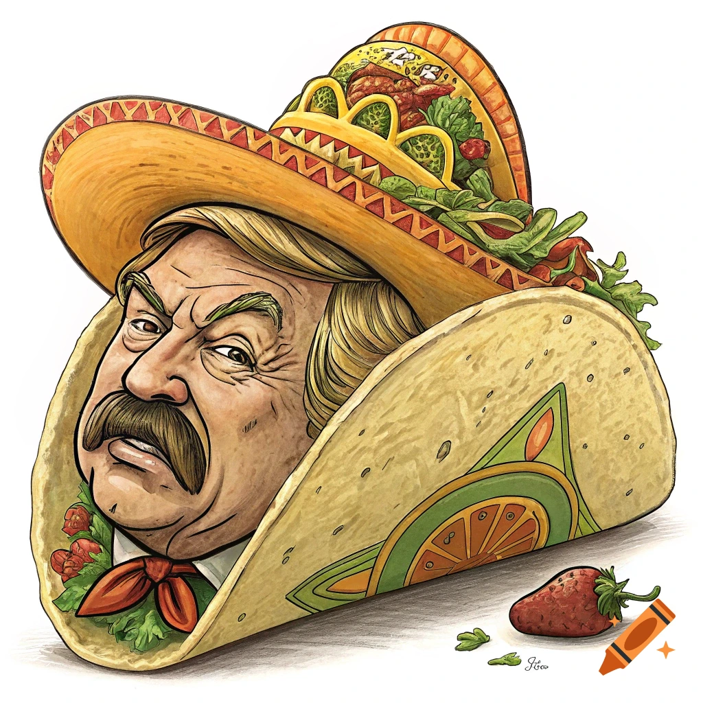 Caricature illustration of Donald Trump's head emerging from a taco, wearing a sombrero made of tacos, with a strawberry.