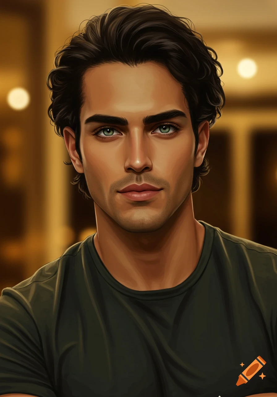 A close-up digital portrait of a man with dark wavy hair, green eyes, and olive skin, wearing a dark green shirt.