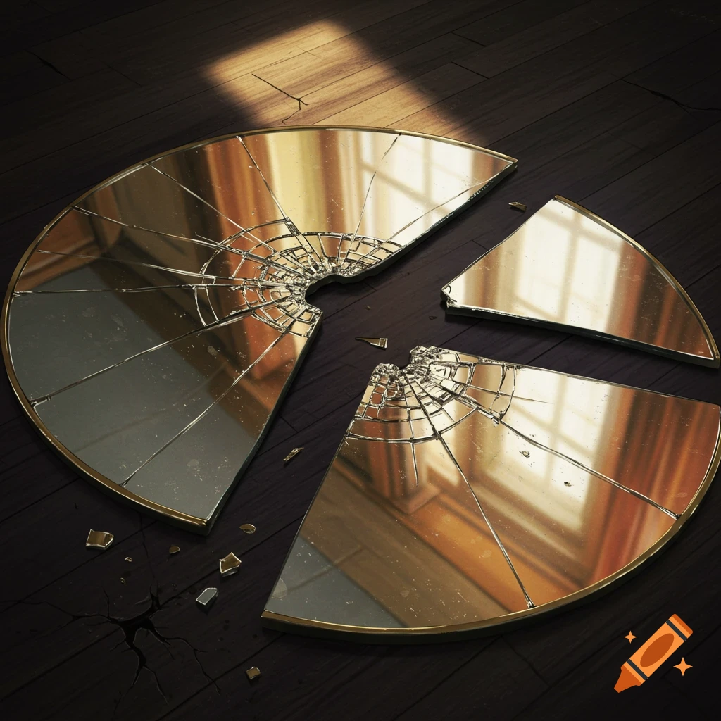 A broken round mirror lies on a dark wooden floor, split into three main pieces with shattered glass, reflecting window light.