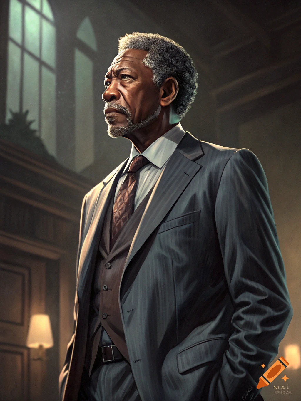 Photorealistic portrait of Morgan Freeman in a pinstripe suit and vest, looking thoughtful in a formal room.