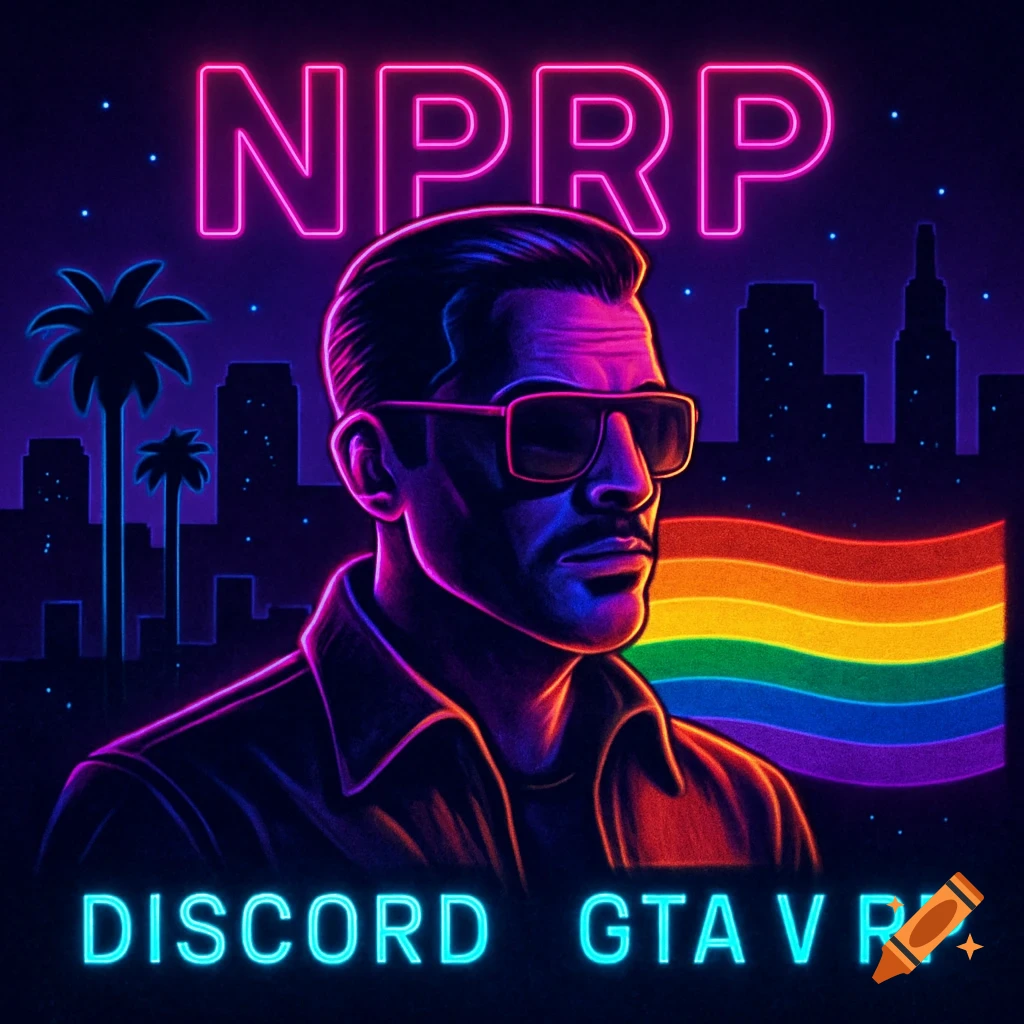 Neon art of a man in sunglasses with a city skyline, palm trees, and a rainbow flag. Text reads 'NPRP' and 'DISCORD GTA V RP'.