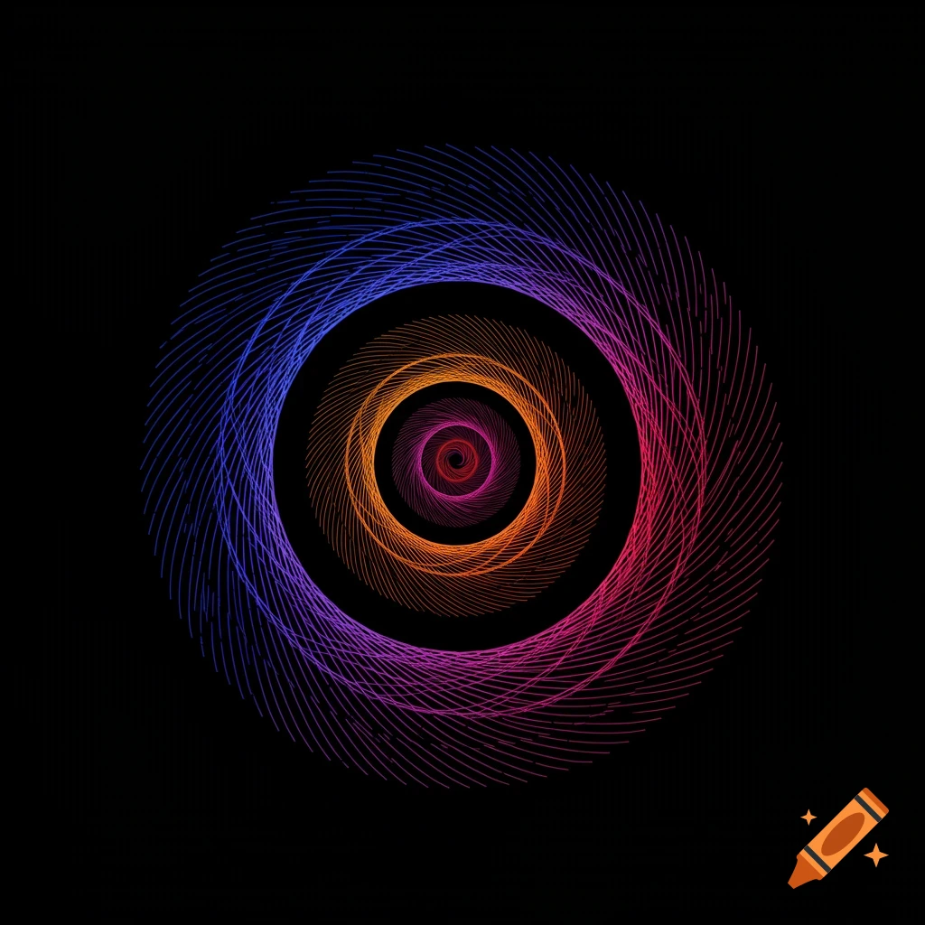 A colorful abstract spiral pattern made of thin, clean lines on a black background.