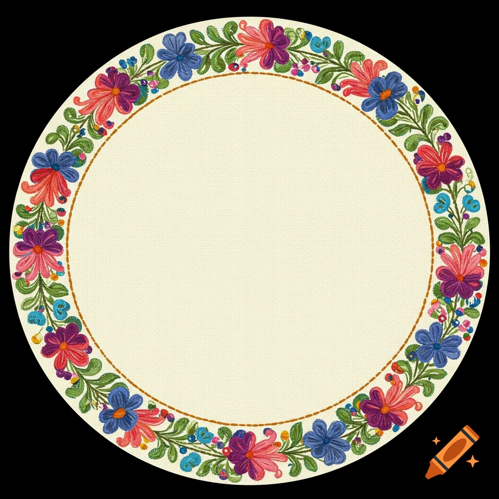 Circular frame with colorful hand-embroidered floral patterns and a textured beige center.