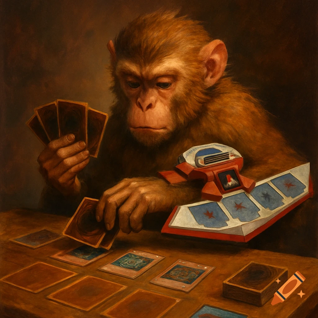 A monkey playing a card game resembling Yu-Gi-Oh, holding cards and using a duel disk in a painterly style.