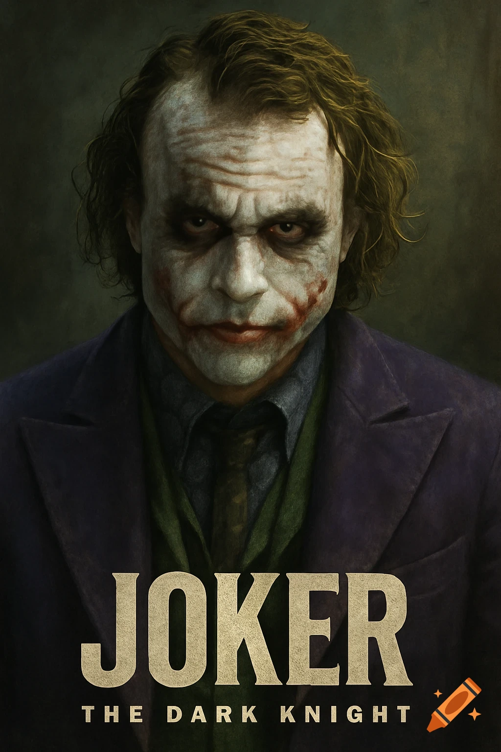 A close-up portrait of the Joker from The Dark Knight movie poster, featuring his unsettling white face paint and purple suit.