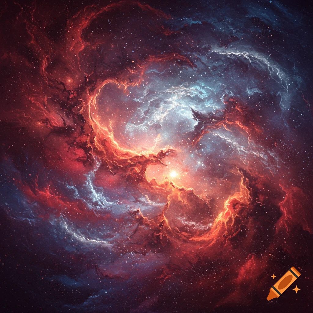 A vibrant nebula with swirling clouds of red, orange, and blue gas, filled with countless stars.