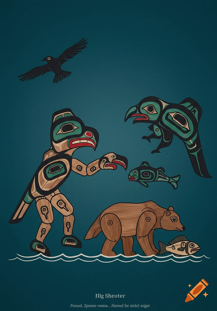 Native American Salish art featuring stylized figures of a raven, a human-like bird, a bear, and fish on a teal background.